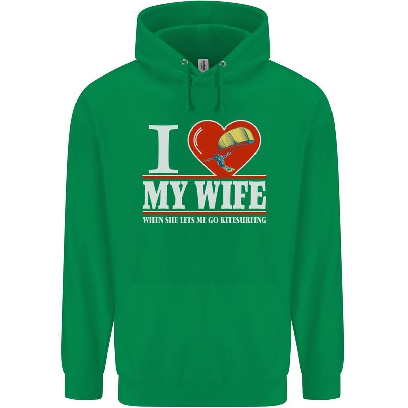I Heart My Wife Kitesurfing Kitesurfer Mens 80% Cotton Hoodie Irish Green