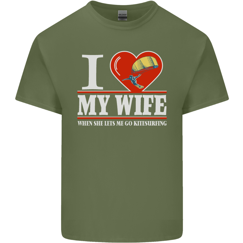 I Heart My Wife Kitesurfing Kitesurfer Mens Cotton T-Shirt Tee Top Military Green