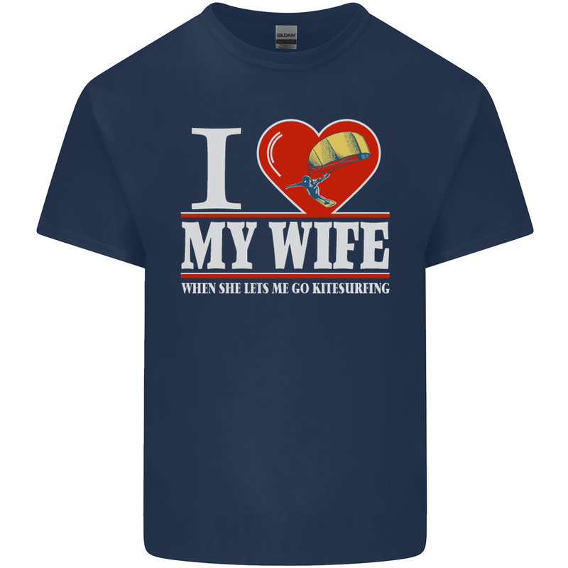 I Heart My Wife Kitesurfing Kitesurfer Mens Cotton T-Shirt Tee Top Navy Blue