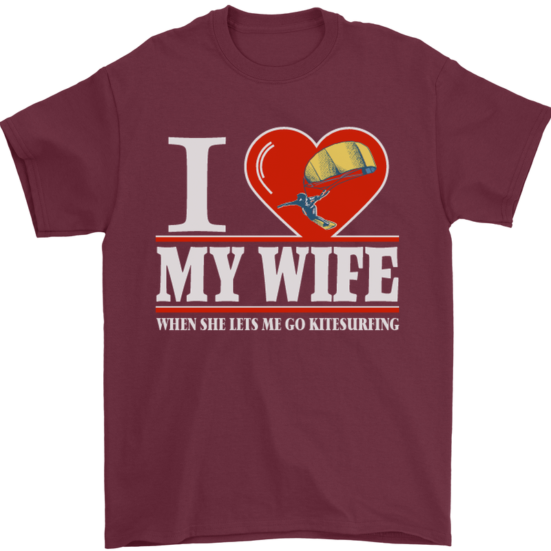 I Heart My Wife Kitesurfing Kitesurfer Mens T-Shirt Cotton Gildan Maroon