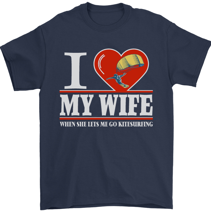 I Heart My Wife Kitesurfing Kitesurfer Mens T-Shirt Cotton Gildan Navy Blue