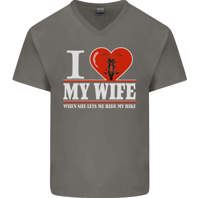 I Heart My Wife Motorbike Biker Motorcycle Mens V-Neck Cotton T-Shirt Charcoal