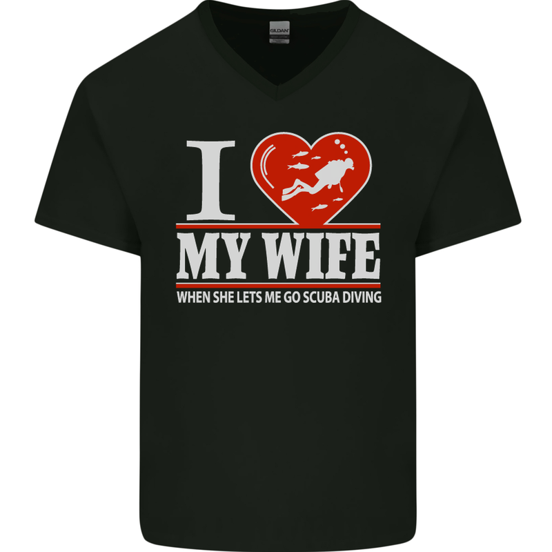 I Heart My Wife Scuba Diving Diver Dive Mens V-Neck Cotton T-Shirt Black