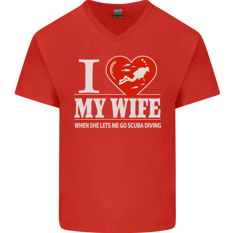 I Heart My Wife Scuba Diving Diver Dive Mens V-Neck Cotton T-Shirt Red