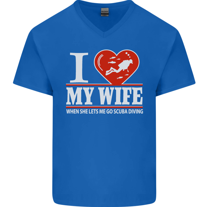 I Heart My Wife Scuba Diving Diver Dive Mens V-Neck Cotton T-Shirt Royal Blue