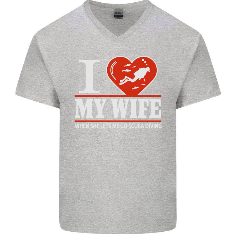 I Heart My Wife Scuba Diving Diver Dive Mens V-Neck Cotton T-Shirt Sports Grey