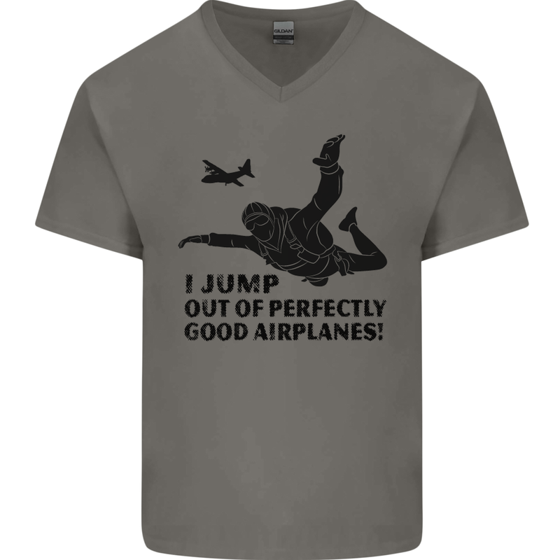 I Jump out of Good Airplanes Para Skydiving Mens V-Neck Cotton T-Shirt Charcoal