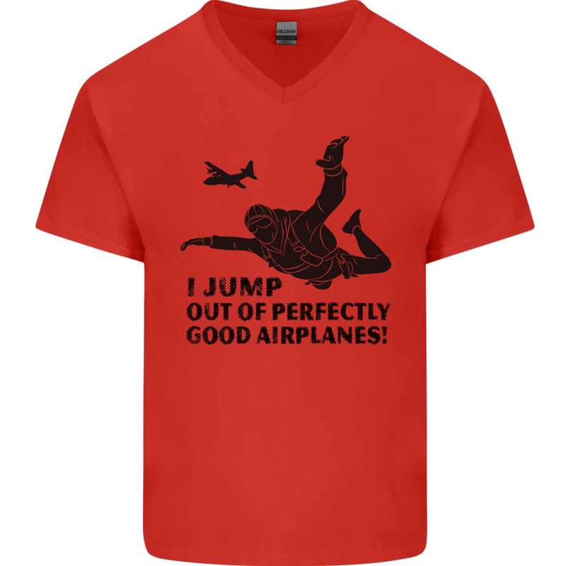 I Jump out of Good Airplanes Para Skydiving Mens V-Neck Cotton T-Shirt Red