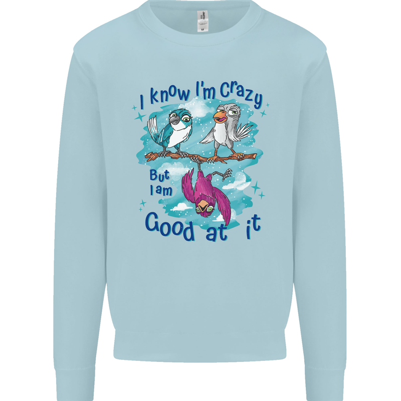 I Know I'm Crazy Funny Bird Slogan Kids Sweatshirt Jumper Light Blue