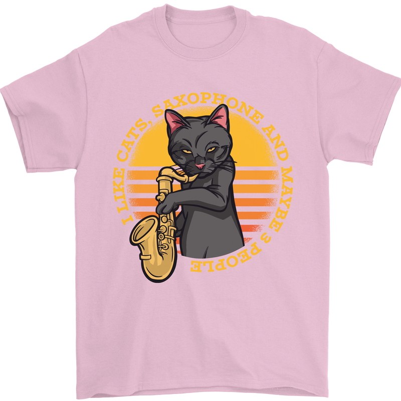 I Like Cats, Saxophones & Maybe 3 People Mens T-Shirt Cotton Gildan Light Pink