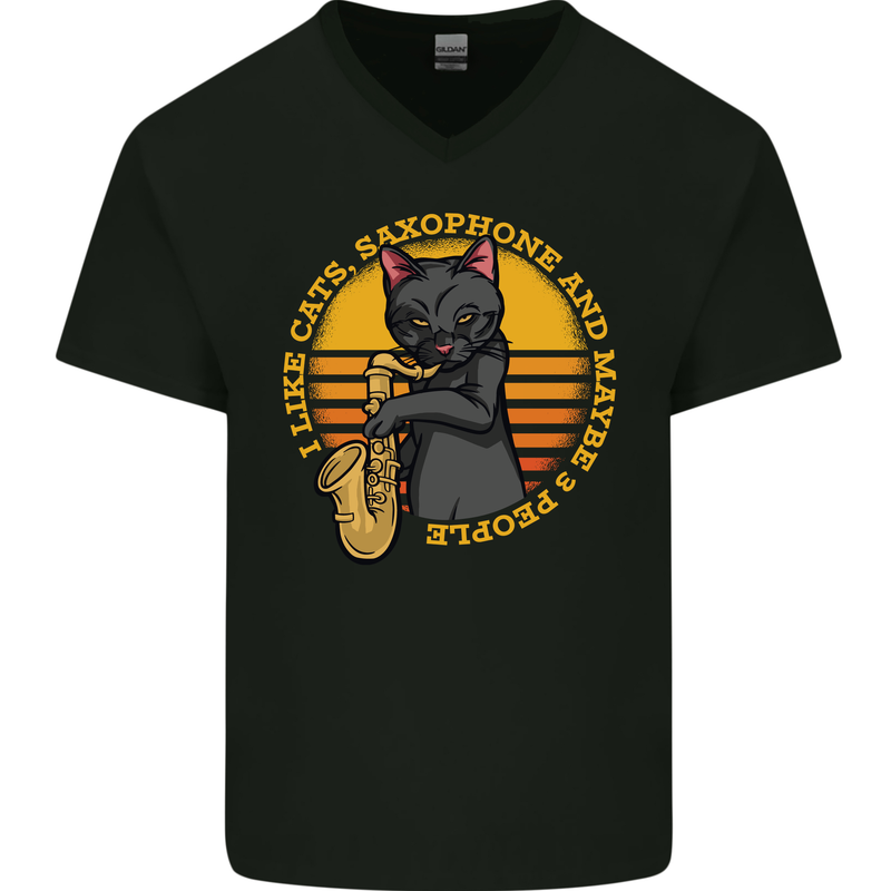 I Like Cats, Saxophones & Maybe 3 People Mens V-Neck Cotton T-Shirt Black