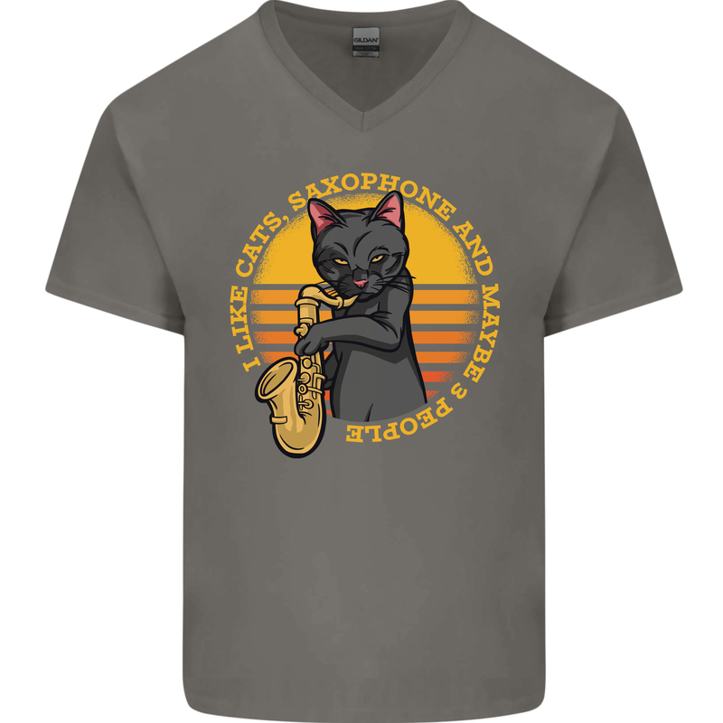 I Like Cats, Saxophones & Maybe 3 People Mens V-Neck Cotton T-Shirt Charcoal