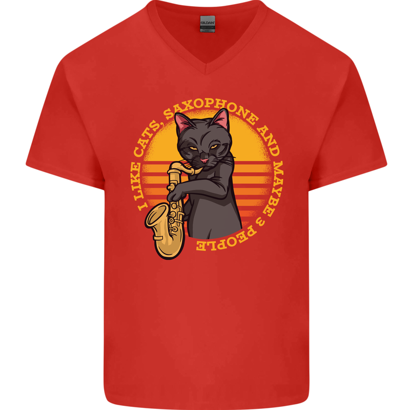 I Like Cats, Saxophones & Maybe 3 People Mens V-Neck Cotton T-Shirt Red