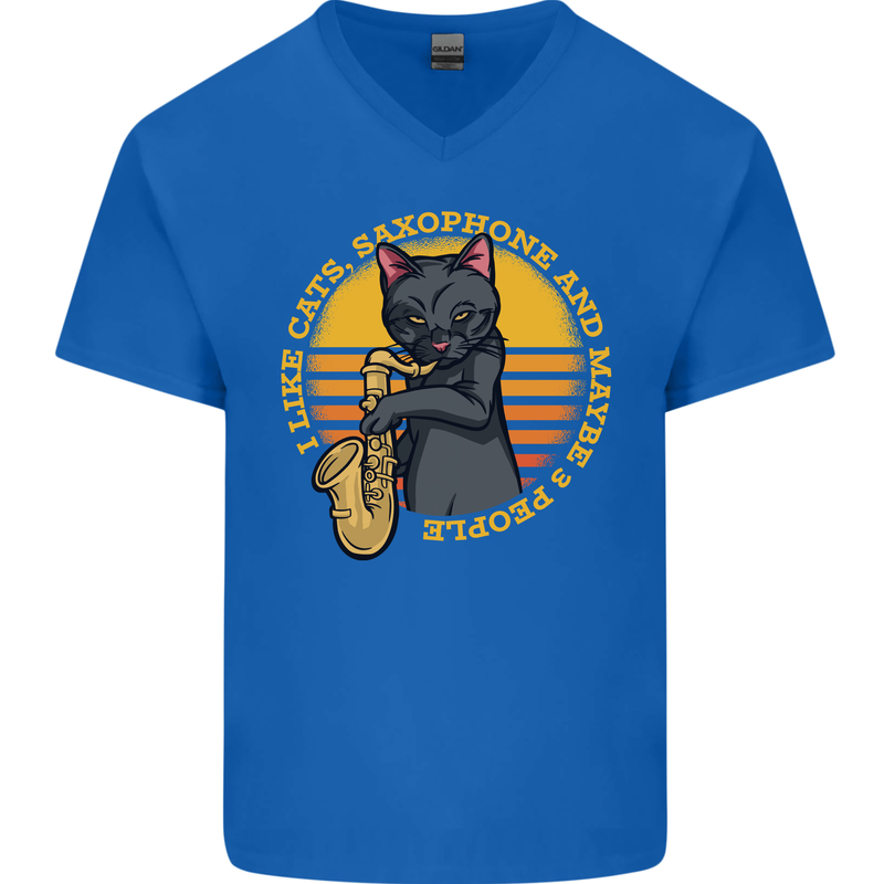 I Like Cats, Saxophones & Maybe 3 People Mens V-Neck Cotton T-Shirt Royal Blue
