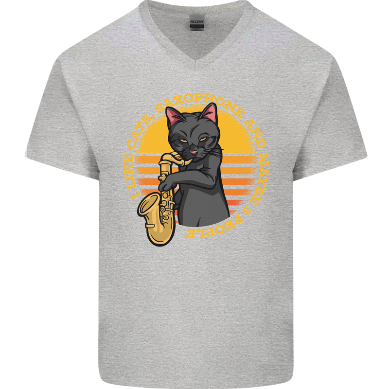 I Like Cats, Saxophones & Maybe 3 People Mens V-Neck Cotton T-Shirt Sports Grey