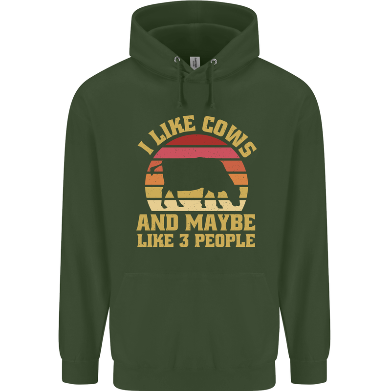 I Like Cows & 3 People Funny Sarcastic Slogan Childrens Kids Hoodie Forest Green