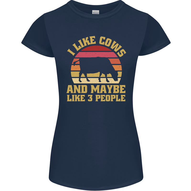 I Like Cows & 3 People Funny Sarcastic Slogan Womens Petite Cut T-Shirt Navy Blue
