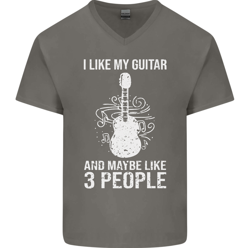 I Like My Guitar and 3 People Rock n Roll Mens V-Neck Cotton T-Shirt Charcoal