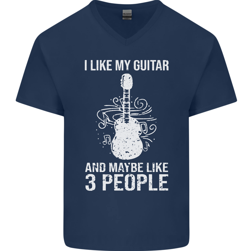 I Like My Guitar and 3 People Rock n Roll Mens V-Neck Cotton T-Shirt Navy Blue