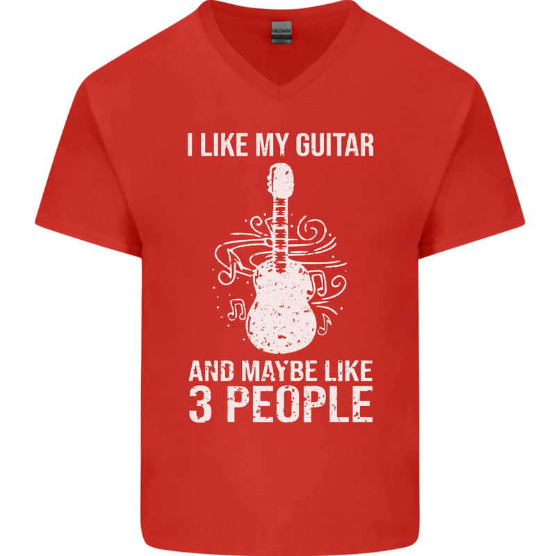 I Like My Guitar and 3 People Rock n Roll Mens V-Neck Cotton T-Shirt Red