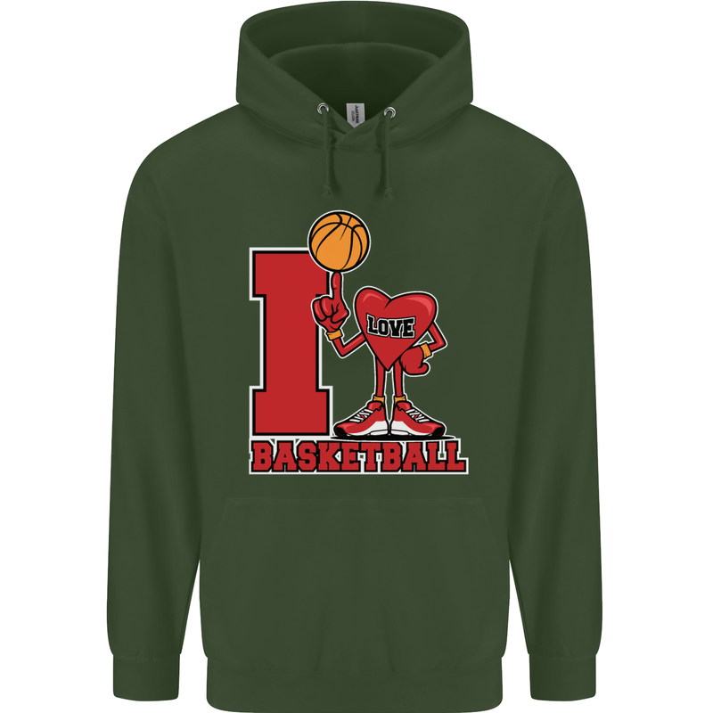 I Love Basketball Mens 80% Cotton Hoodie Forest Green