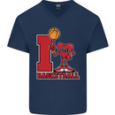 I Love Basketball Mens V-Neck Cotton T-Shirt Navy Blue