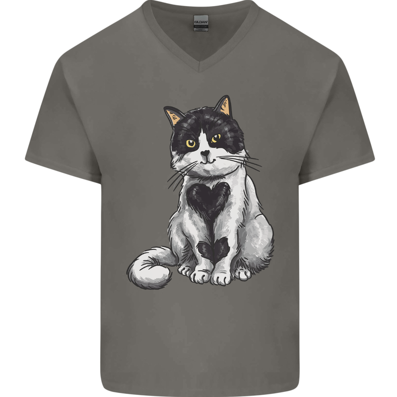 I Love Cats Cute Kitten Mens V-Neck Cotton T-Shirt Charcoal