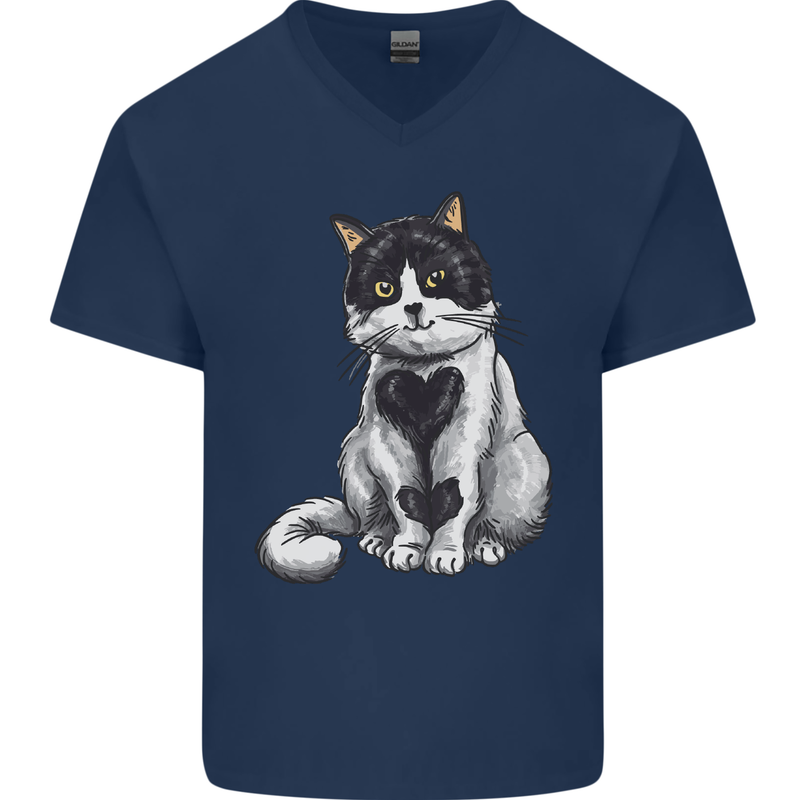 I Love Cats Cute Kitten Mens V-Neck Cotton T-Shirt Navy Blue
