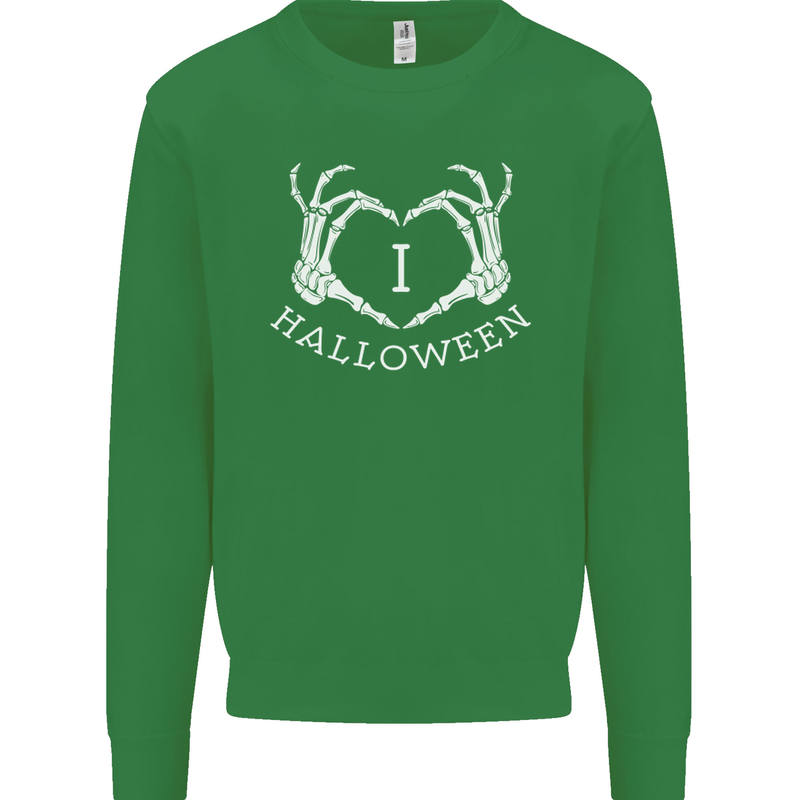 I Love Halloween Funny Skeleton Hand Skull Kids Sweatshirt Jumper Irish Green