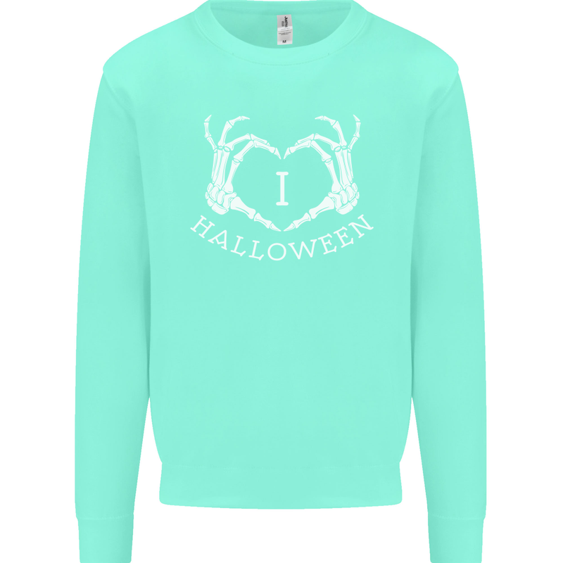 I Love Halloween Funny Skeleton Hand Skull Kids Sweatshirt Jumper Peppermint