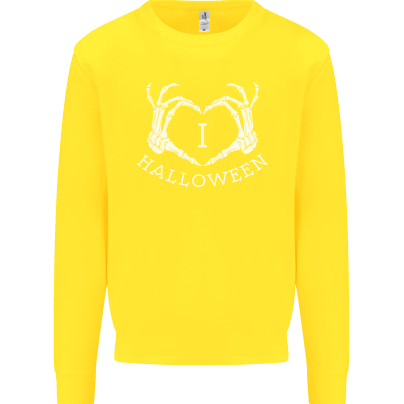 I Love Halloween Funny Skeleton Hand Skull Kids Sweatshirt Jumper Yellow