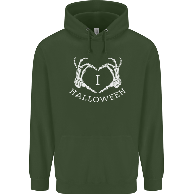 I Love Halloween Funny Skeleton Hand Skull Mens 80% Cotton Hoodie Forest Green