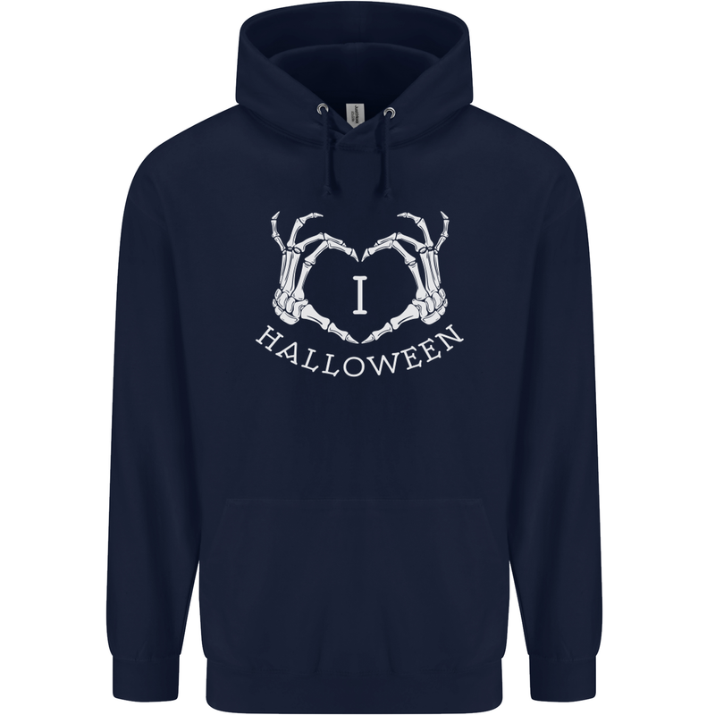 I Love Halloween Funny Skeleton Hand Skull Mens 80% Cotton Hoodie Navy Blue