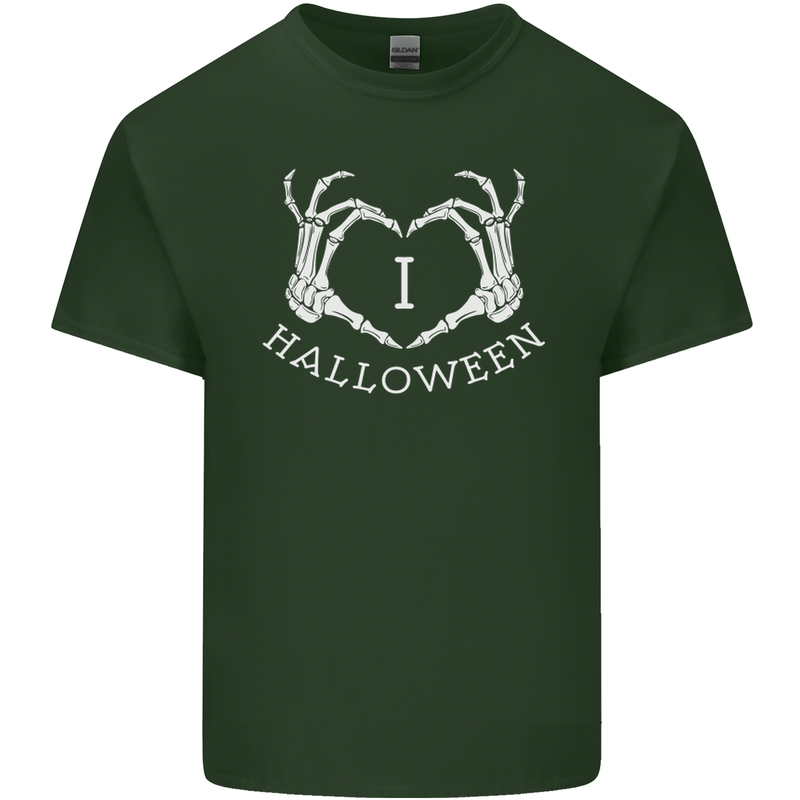 I Love Halloween Funny Skeleton Hand Skull Mens Cotton T-Shirt Tee Top Forest Green