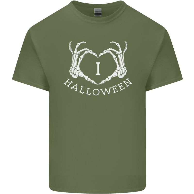 I Love Halloween Funny Skeleton Hand Skull Mens Cotton T-Shirt Tee Top Military Green