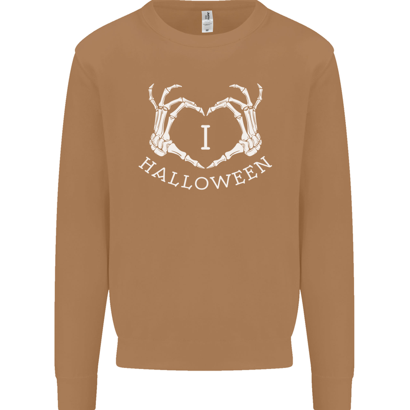 I Love Halloween Funny Skeleton Hand Skull Mens Sweatshirt Jumper Caramel Latte