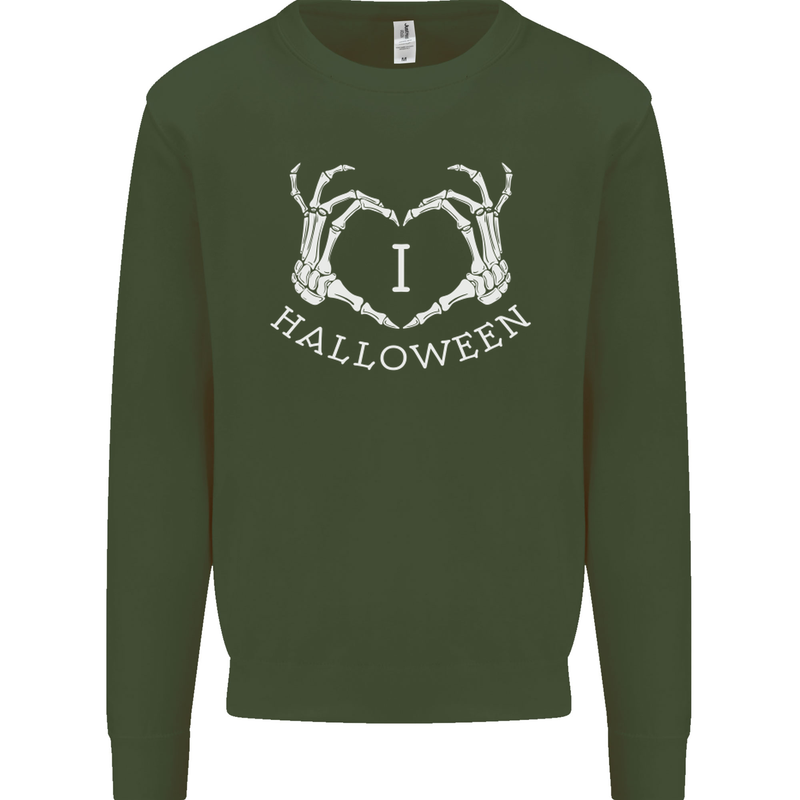 I Love Halloween Funny Skeleton Hand Skull Mens Sweatshirt Jumper Forest Green