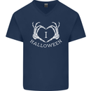 I Love Halloween Funny Skeleton Hand Skull Mens V-Neck Cotton T-Shirt Navy Blue