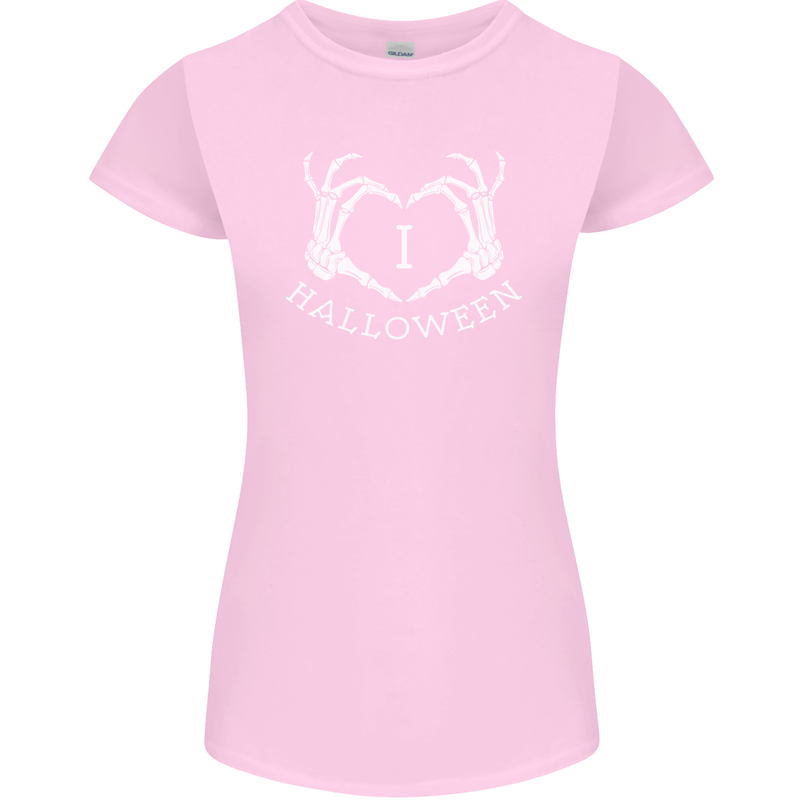 I Love Halloween Funny Skeleton Hand Skull Womens Petite Cut T-Shirt Light Pink