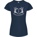 I Love Halloween Funny Skeleton Hand Skull Womens Petite Cut T-Shirt Navy Blue