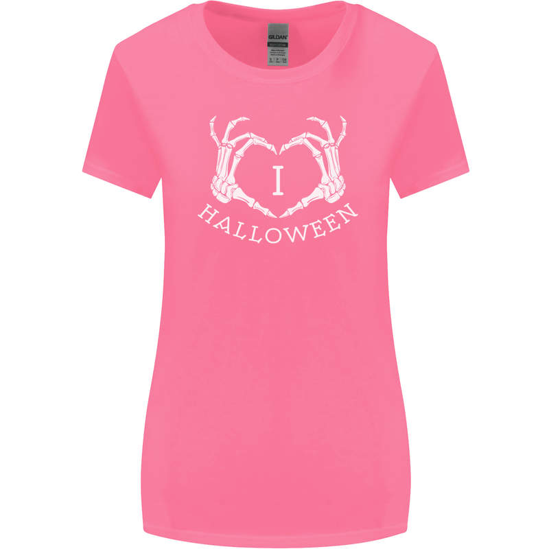 I Love Halloween Funny Skeleton Hand Skull Womens Wider Cut T-Shirt Azalea