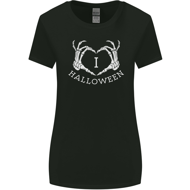 I Love Halloween Funny Skeleton Hand Skull Womens Wider Cut T-Shirt Black