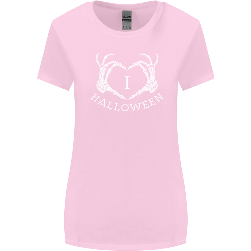 I Love Halloween Funny Skeleton Hand Skull Womens Wider Cut T-Shirt Light Pink