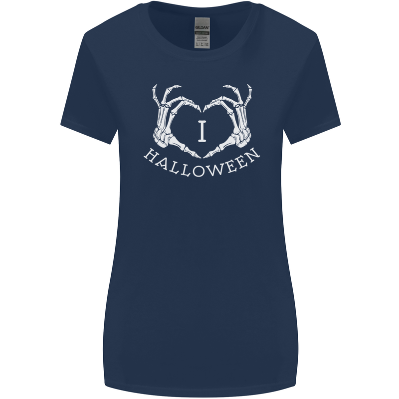 I Love Halloween Funny Skeleton Hand Skull Womens Wider Cut T-Shirt Navy Blue