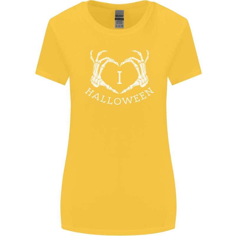 I Love Halloween Funny Skeleton Hand Skull Womens Wider Cut T-Shirt Yellow
