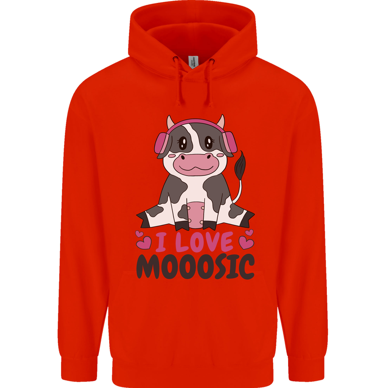 I Love Mooosic Funny Cow DJ Childrens Kids Hoodie Bright Red