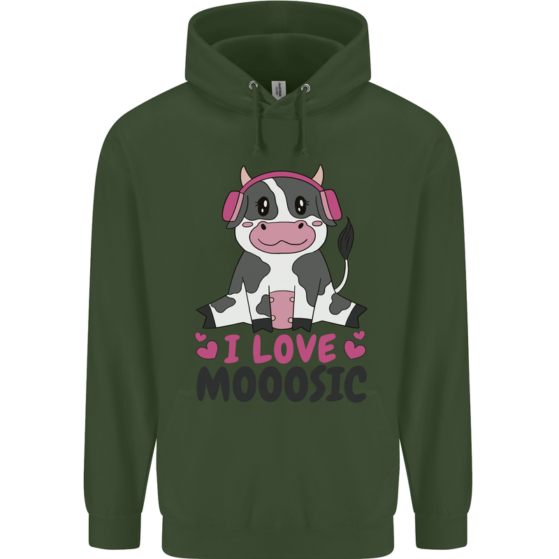 I Love Mooosic Funny Cow DJ Childrens Kids Hoodie Forest Green