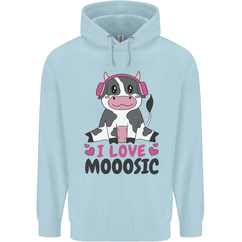 I Love Mooosic Funny Cow DJ Childrens Kids Hoodie Light Blue