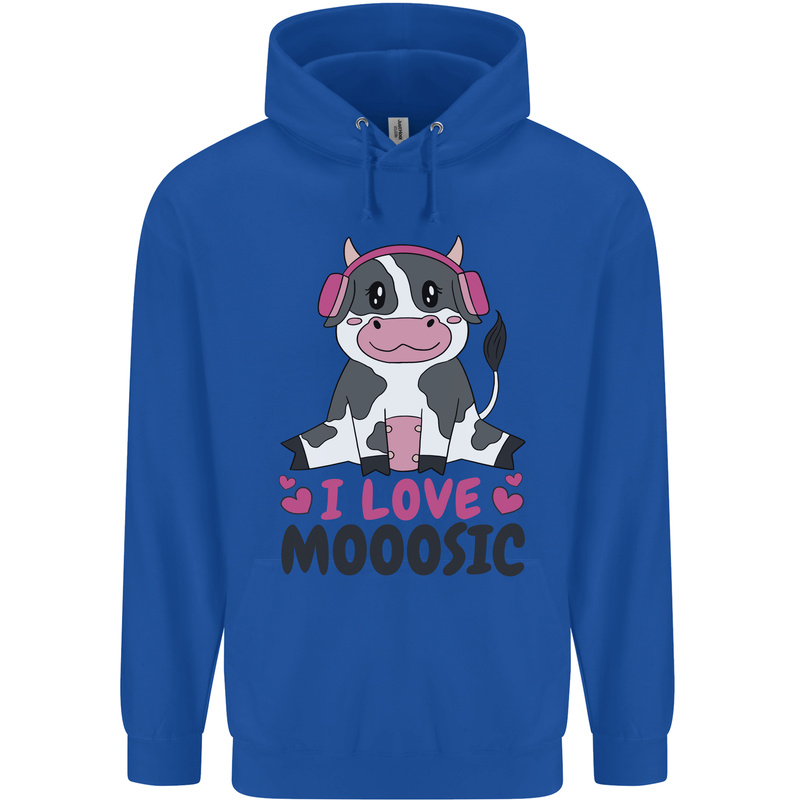 I Love Mooosic Funny Cow DJ Childrens Kids Hoodie Royal Blue