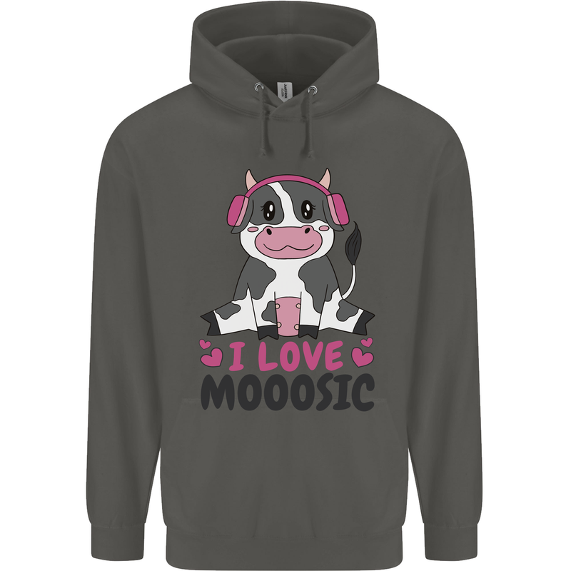 I Love Mooosic Funny Cow DJ Childrens Kids Hoodie Storm Grey